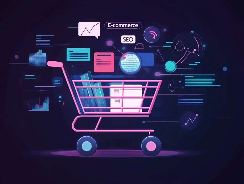 Futuristic shopping cart filled with SEO elements like keyword lists, graphs, and HTML snippets, surrounded by interconnected digital nodes. Above the cart, 'E-Commerce SEO' is displayed in a modern, neon-styled font with purple, blue, and pink lighting accents.