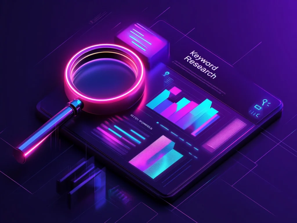 Futuristic Keyword Research design with neon accents, featuring the text 'Keyword Research' alongside a glowing magnifying glass and an interactive bar chart icon. The dark background with purple, blue, and pink neon lighting creates a high-tech and professional SEO aesthetic.