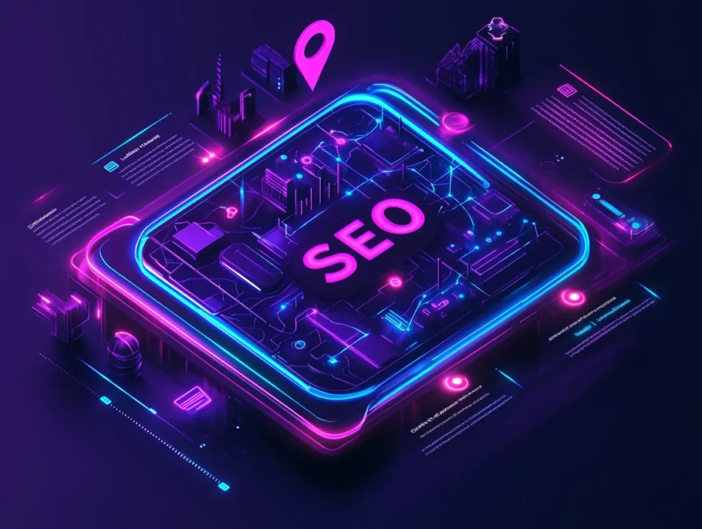 Futuristic digital map interface with glowing nodes, a 3D map pin, and a search bar icon. The text 'Local SEO' is prominently displayed with neon purple, blue, and pink lighting, symbolizing growth and location-based optimization.