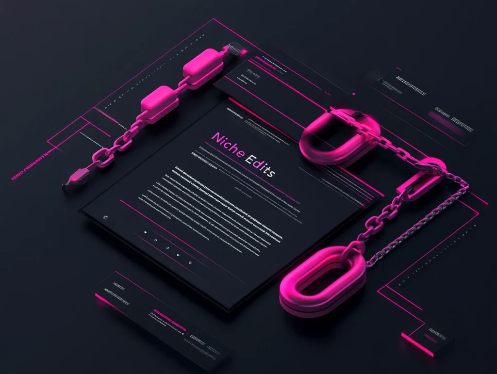 Minimalistic dark-themed design featuring the text 'Niche Edits' in sleek, interconnected node-style typography with vibrant pink accents. Surrounding elements include a glowing link chain and an open page displaying 'Niche Edits' in an elegant, professional style.