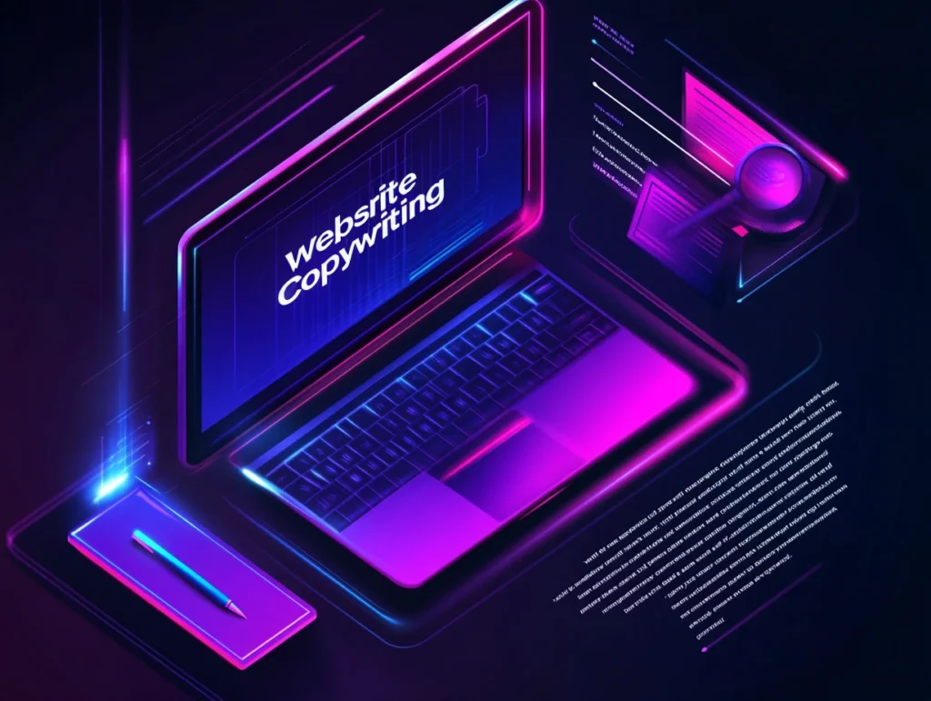 Futuristic laptop with the text 'Website Copywriting' displayed on the screen. A magnifying glass hovers beside the laptop, emphasizing content analysis. The design features a dark background with neon purple, blue, and pink accents.