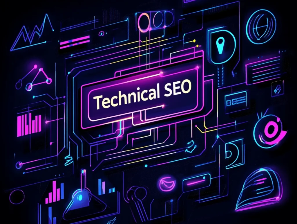 Futuristic Technical SEO design with neon purple, blue, and pink accents, featuring the text 'Technical SEO' at the center of a digital circuit board. Surrounding icons represent website speed, code optimization, and technical audits, set against a sleek, high-tech dark background.