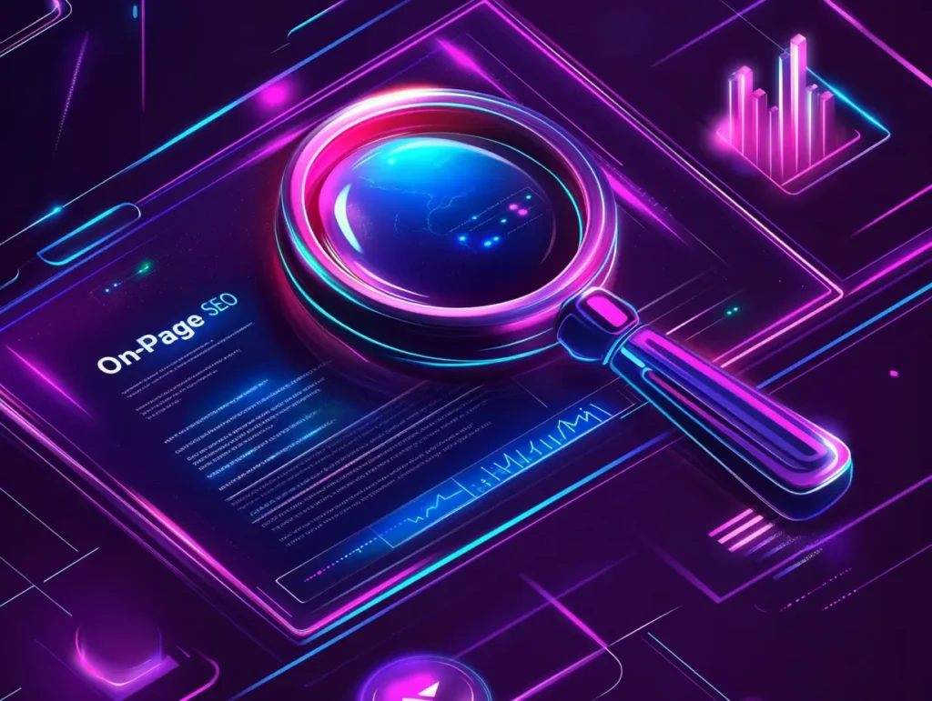 Futuristic dark-themed design featuring the words 'On-Page SEO' in glowing neon purple, blue, and pink. A magnifying glass symbolizes content hierarchy, accompanied by icons of a webpage with highlighted meta tags and a dynamic graph with upward arrows, representing SEO performance improvements. The background blends sharp contrasts with digital neon elements for a sleek, high-tech aesthetic.