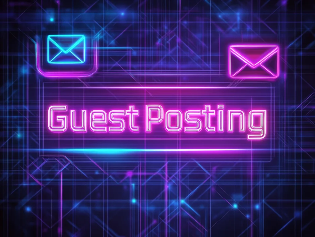 Futuristic dark-themed design featuring the words 'Guest Posting' in glowing neon purple, blue, and pink. Surrounding the text are a minimalist email envelope icon symbolizing outreach and a chain link icon representing backlinks. The background includes a subtle digital grid for a modern, high-tech aesthetic.